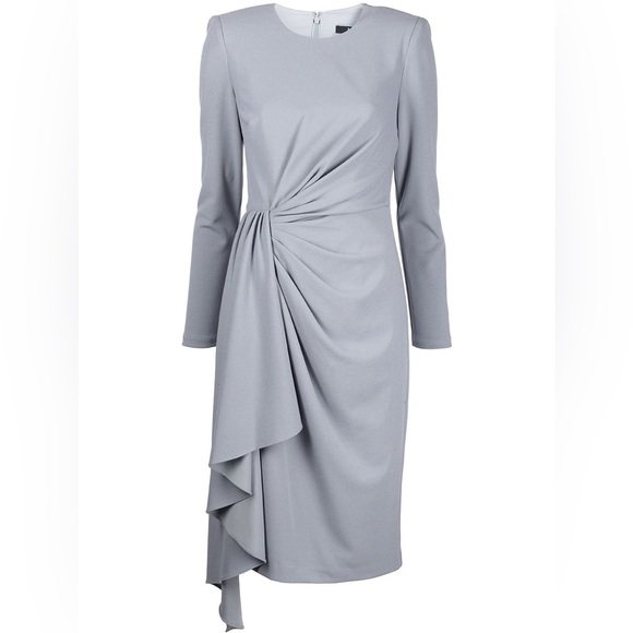 Badgley Mischka Ruched Drape Long Sleeve Dress Gray SOLD OUT Designer - Picture 3 of 4
